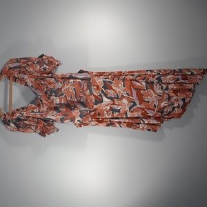 NWT NINE WEST BROWN/GRAY FLORAL BLOUSE AND SKIRT SZ L